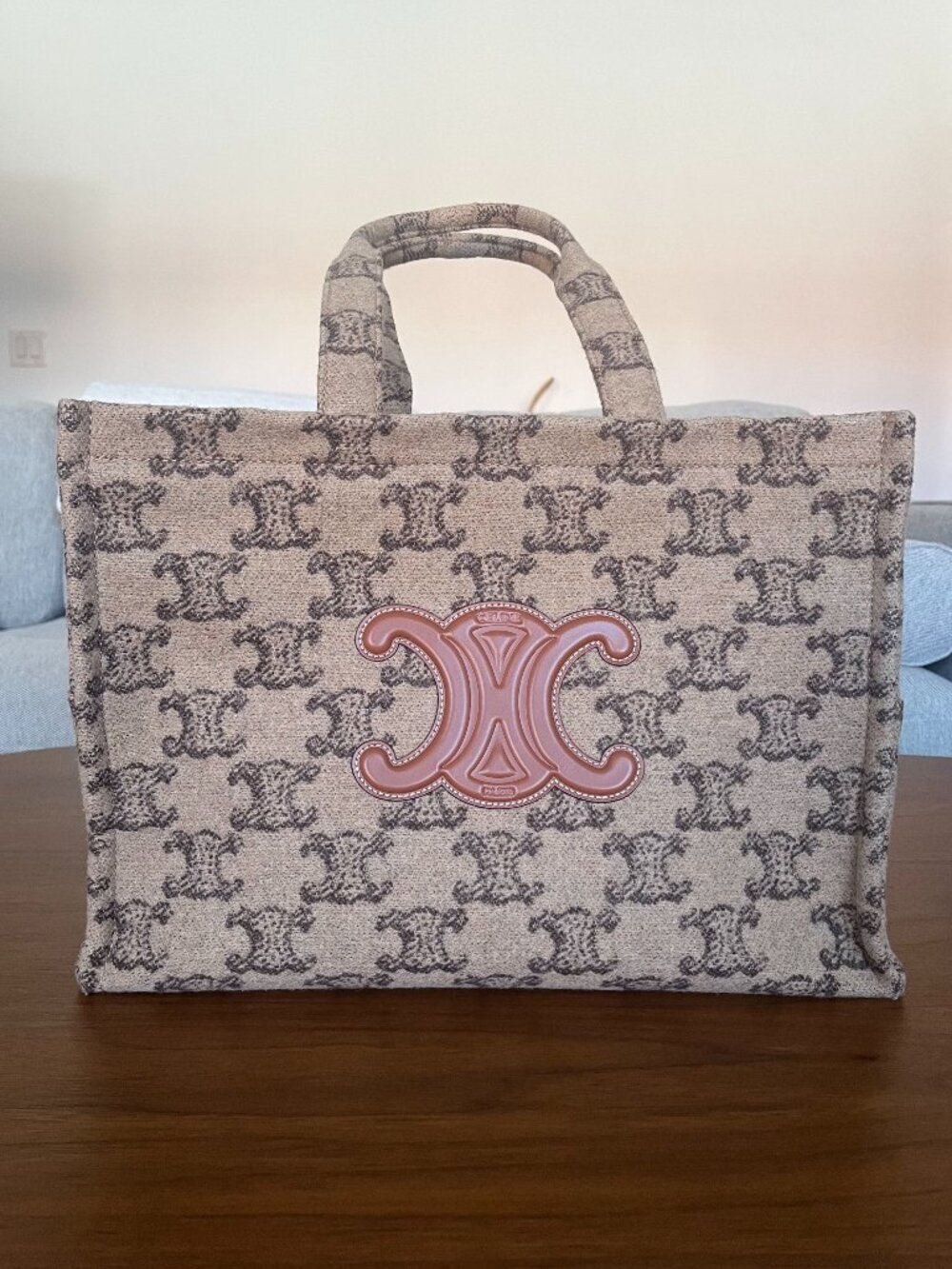 CELINE Triomphe Horizontal Cabas Tote Bag Monogram Wool Beige Tan Authentic